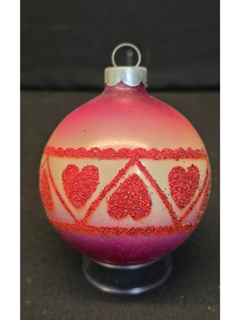 Vintage MCM Pink Red Mica Stenciled Heart Ombre Christmas Ornament USA